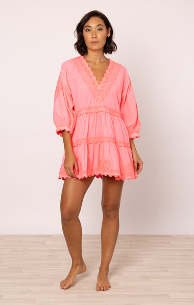 Poplin V-Neck Tiered Mini Dress with Ric Rac Embroidery In Watermelon