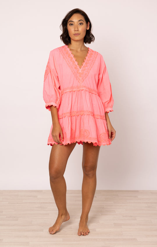 Poplin V-Neck Tiered Mini Dress with Ric Rac Embroidery In Watermelon