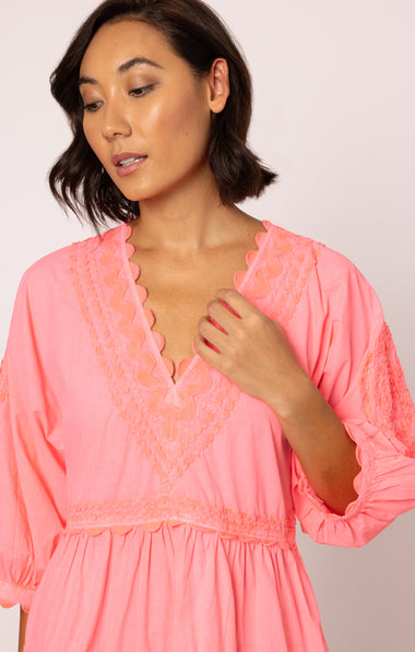 Poplin V-Neck Tiered Mini Dress with Ric Rac Embroidery In Watermelon