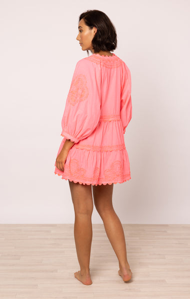 Poplin V-Neck Tiered Mini Dress with Ric Rac Embroidery In Watermelon