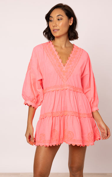 Poplin V-Neck Tiered Mini Dress with Ric Rac Embroidery In Watermelon