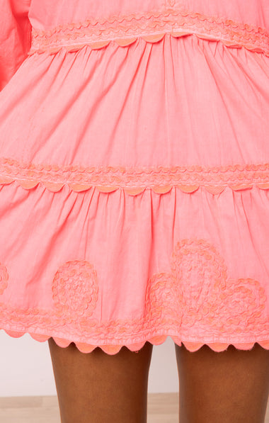 Poplin V-Neck Tiered Mini Dress with Ric Rac Embroidery In Watermelon