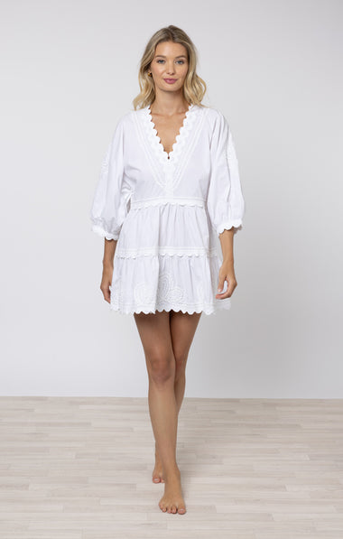 Poplin V-Neck Tiered Mini Dress Embroidery In White