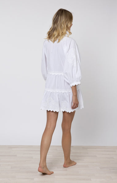 Poplin V-Neck Tiered Mini Dress Embroidery In White