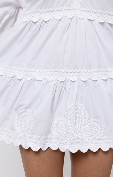 Poplin V-Neck Tiered Mini Dress Embroidery In White