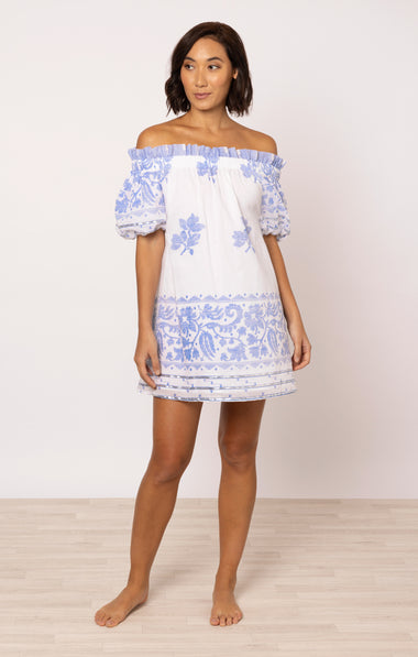 Off-Shoulder Mini Dress Dhaka Print White/Electric Blue