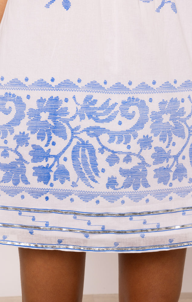 Load image into Gallery viewer, Off-Shoulder Mini Dress Dhaka Print White/Electric Blue
