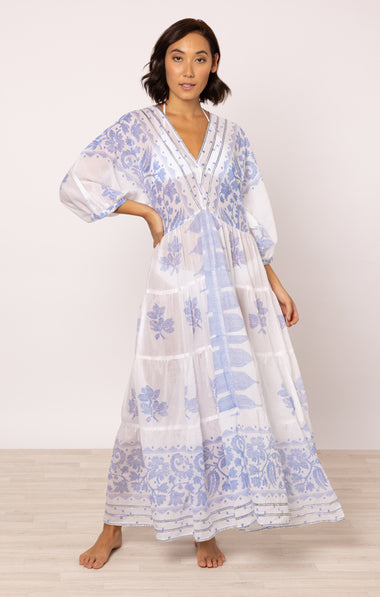 V-Neck Loose Maxi Dress In Dhaka Print White/Electric Blue