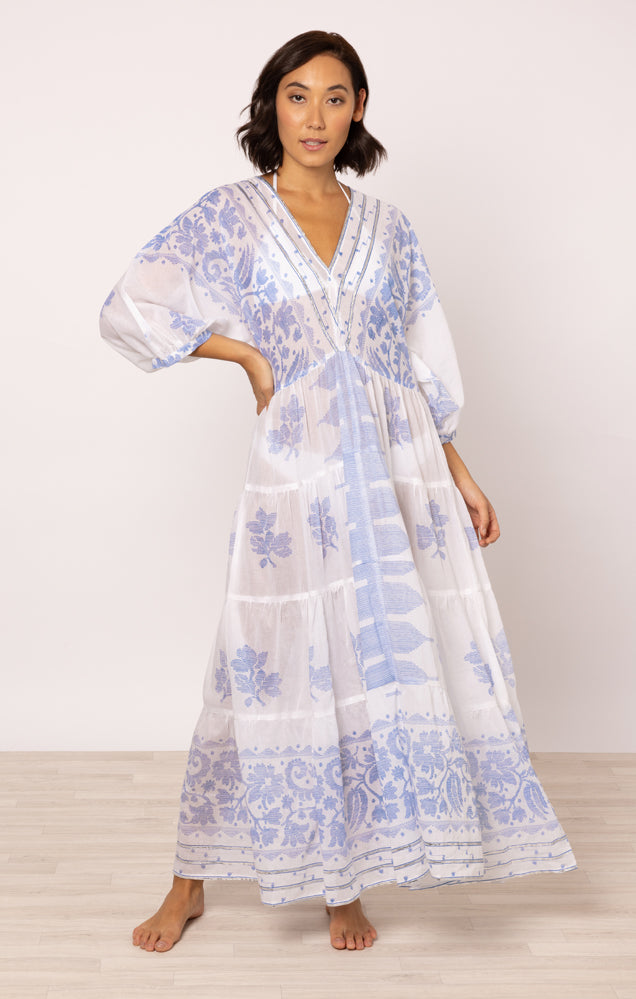 Load image into Gallery viewer, V-Neck Loose Maxi Dress In Dhaka Print White/Electric Blue
