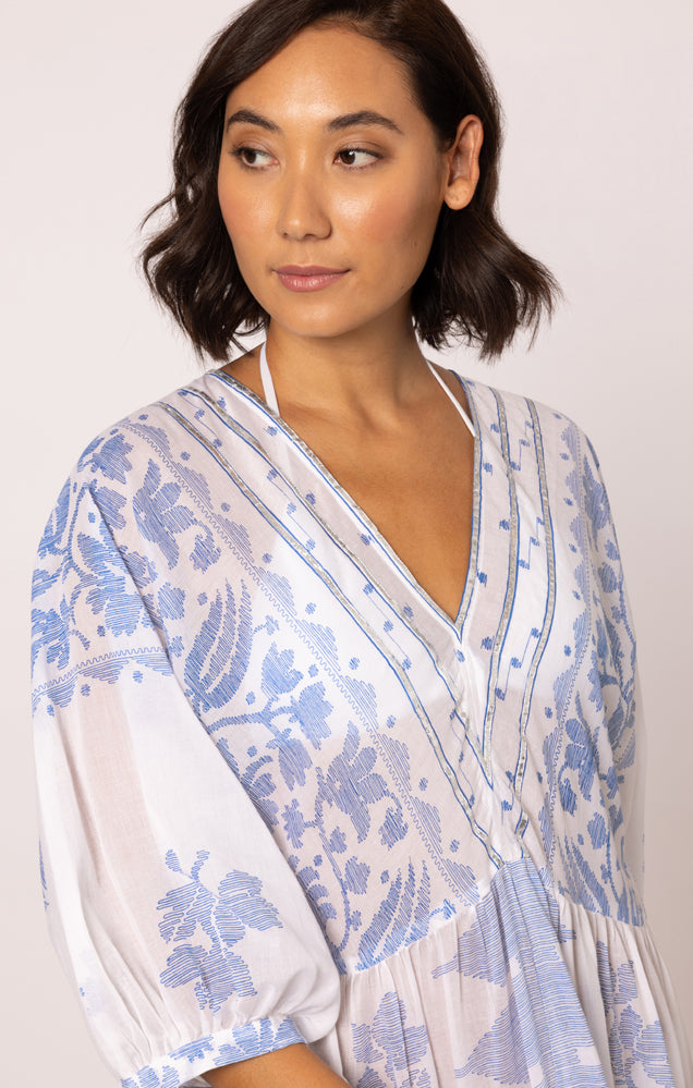 Load image into Gallery viewer, V-Neck Loose Maxi Dress In Dhaka Print White/Electric Blue
