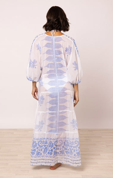 V-Neck Loose Maxi Dress In Dhaka Print White/Electric Blue