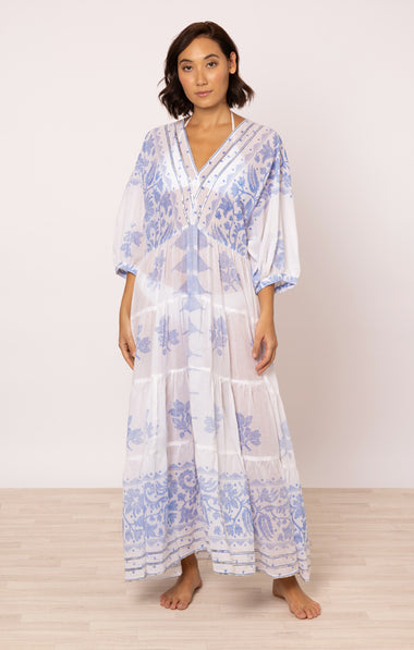 V-Neck Loose Maxi Dress In Dhaka Print White/Electric Blue
