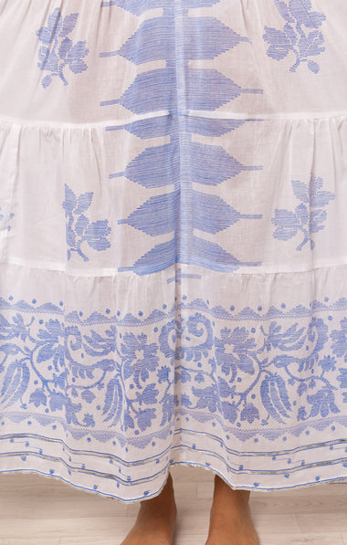 V-Neck Loose Maxi Dress In Dhaka Print White/Electric Blue