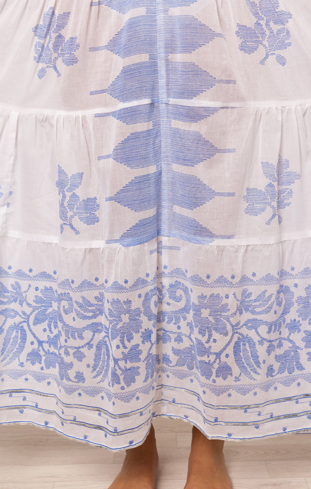 Load image into Gallery viewer, V-Neck Loose Maxi Dress In Dhaka Print White/Electric Blue
