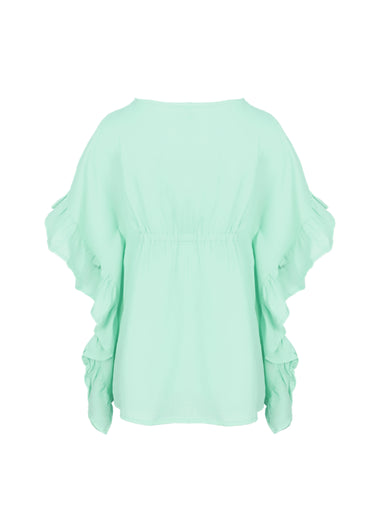 Caftan For Girls Cotton Gauze With Pompoms Aqua - Kaftan
