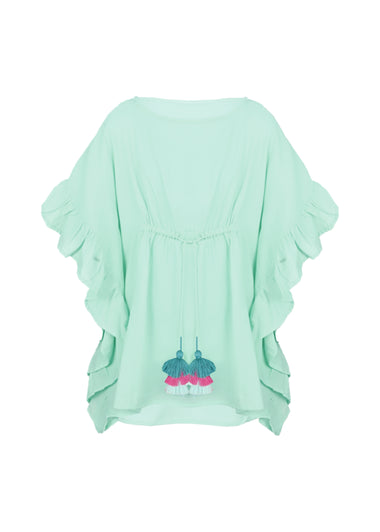 Caftan For Girls Cotton Gauze With Pompoms Aqua - Kaftan