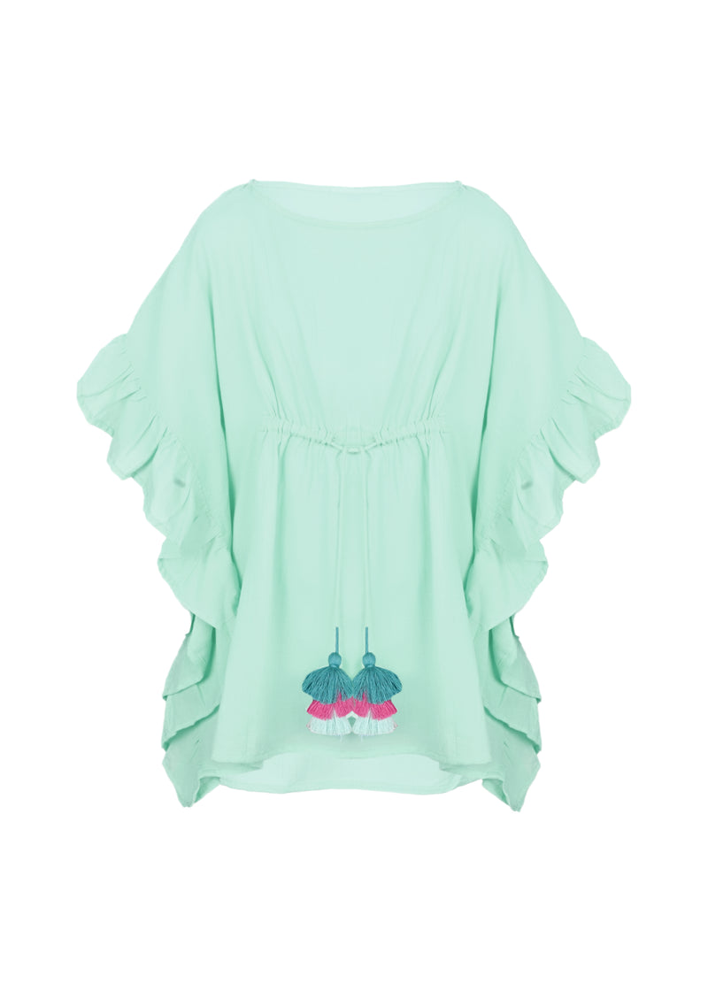 Caftan For Girls Cotton Gauze With Pompoms Aqua
