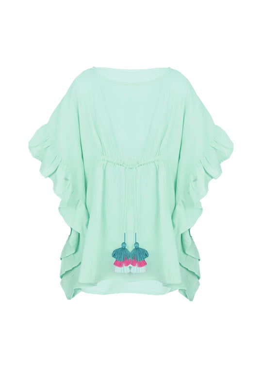 Load image into Gallery viewer, Caftan For Girls Cotton Gauze With Pompoms Aqua - Kaftan
