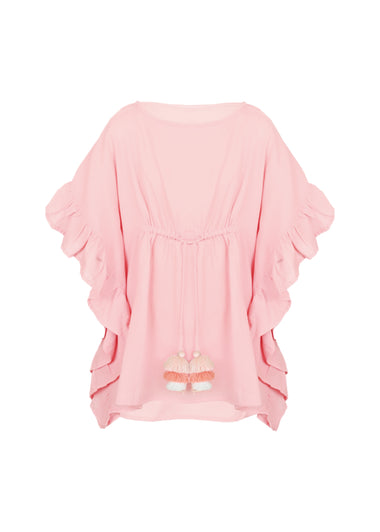Caftan For Girls Cotton Gauze With Pompoms Pink - Kaftan