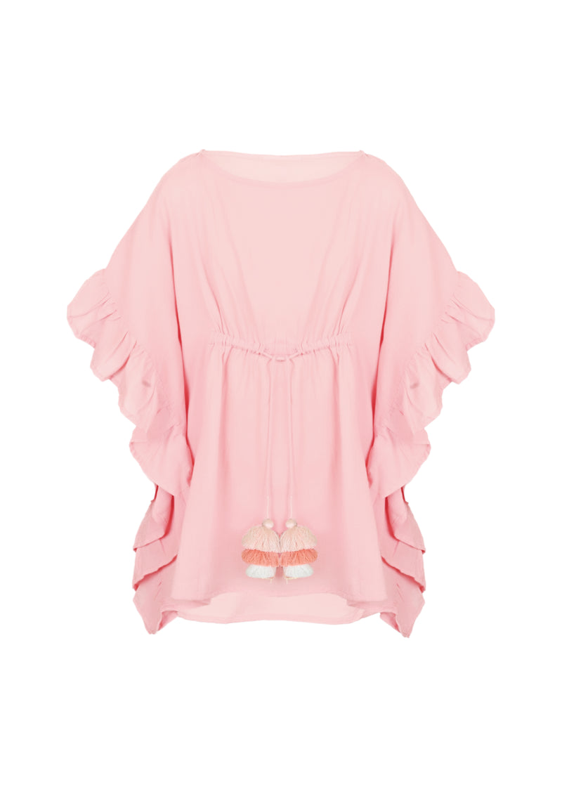 Caftan For Girls Cotton Gauze With Pompoms Pink