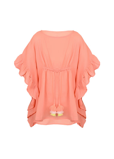 Caftan For Girls Cotton Gauze with Pompoms Neon Coral - Kaftan
