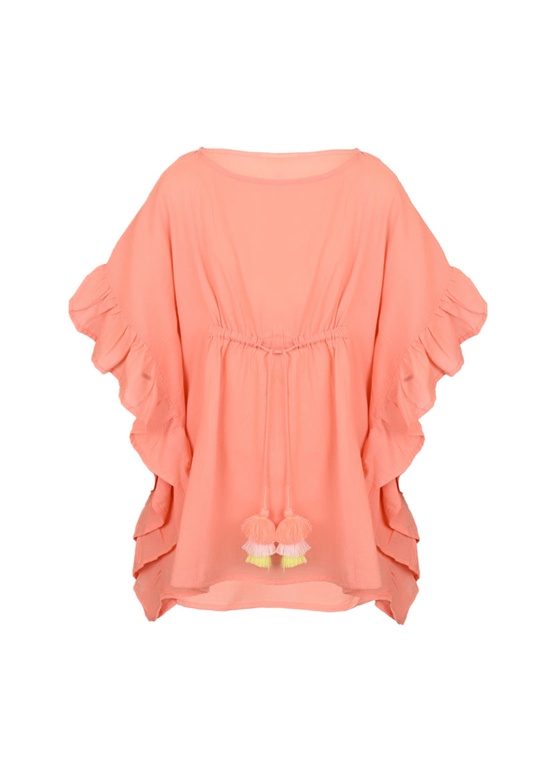 Caftan For Girls Cotton Gauze with Pompoms Neon Coral