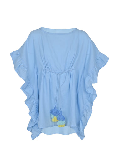 Caftan for Girls Cotton Gauze with Pompoms Light BLue