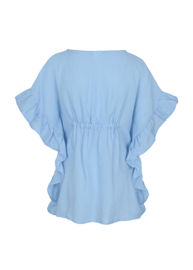 Caftan for Girls Cotton Gauze with Pompoms Light BLue