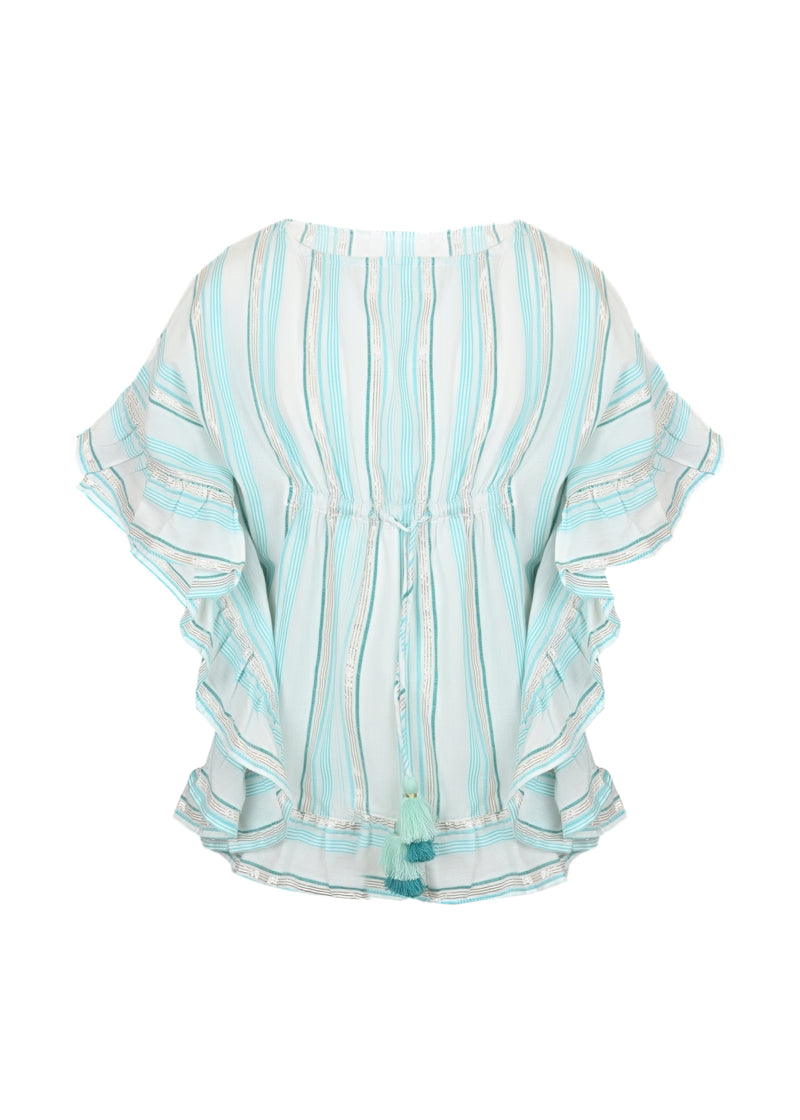 Lurex Striped Caftan with Pompoms