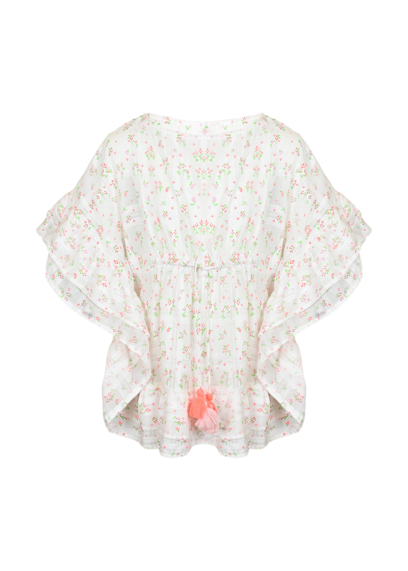 Printed Suzanna caftan with pompoms