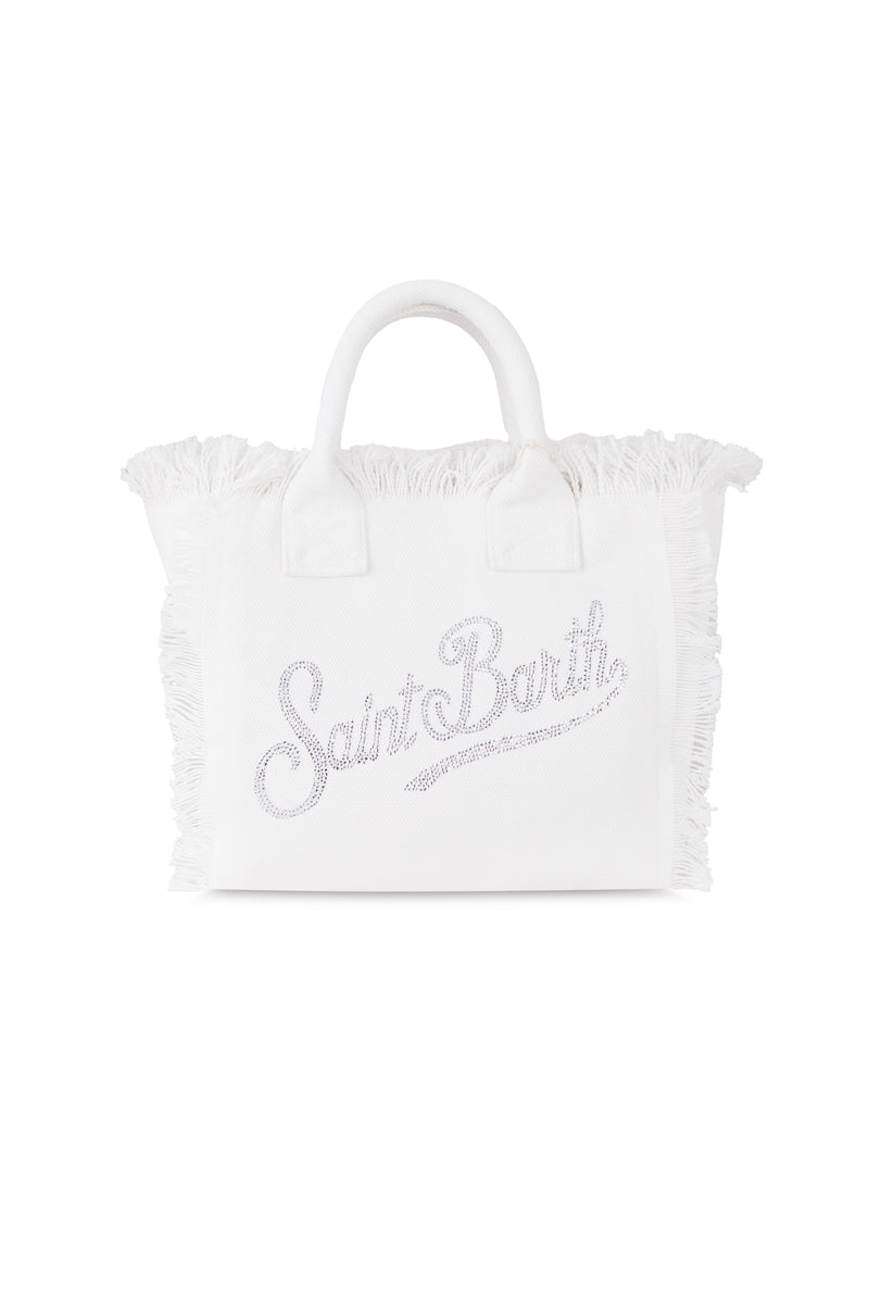 Colette Canvas with Rhinestone Logo White Bag