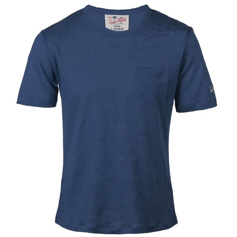 Alex Linen T-Shirt with Pocket Marine Blue