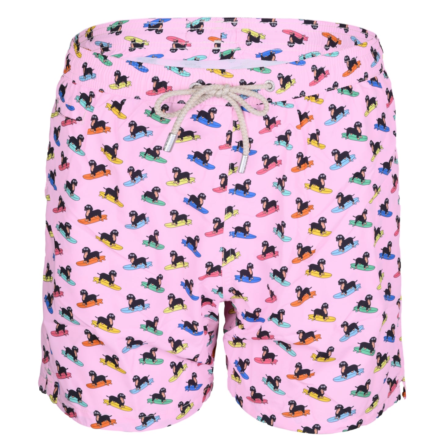 Load image into Gallery viewer, Lighting Micro Basset Dog Surfing Pink Mens Swimshorts - Men’s Swim Shorts
