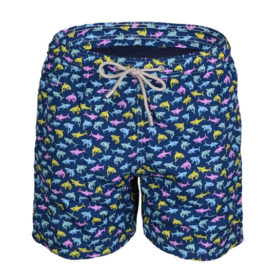Load image into Gallery viewer, Lighting Micro Shark Trouble Multi Blue Mens Swimshorts - Men’s Swim Shorts
