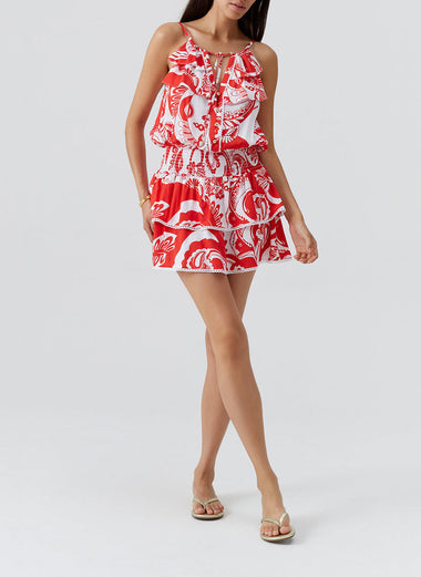 Rosa Tie Neck Tiered Short Dress Floral