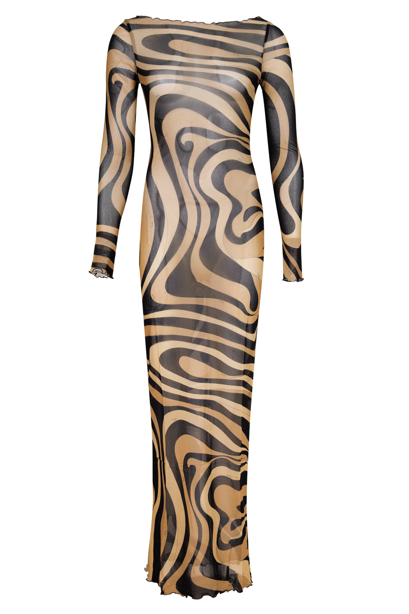 Marmo Print Tulle Dress Beige Nero