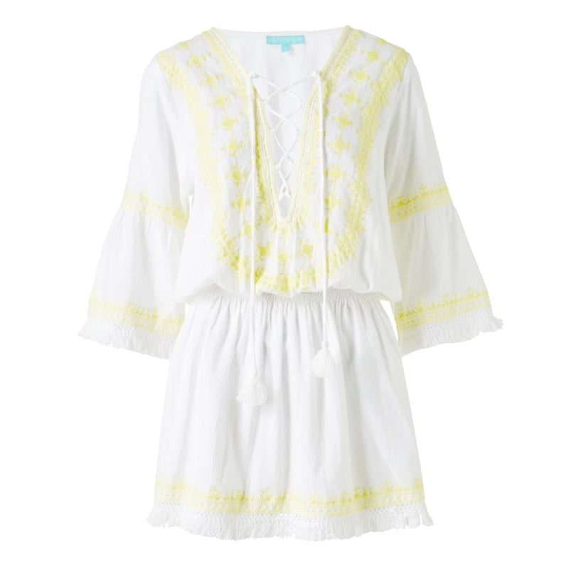 Embroidered Short Dress in White/Yellow - Martina