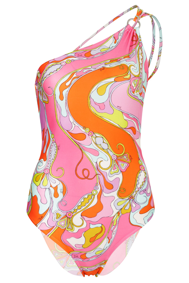 Orchidee Print One-Shoulder Swimsuit Multicolor