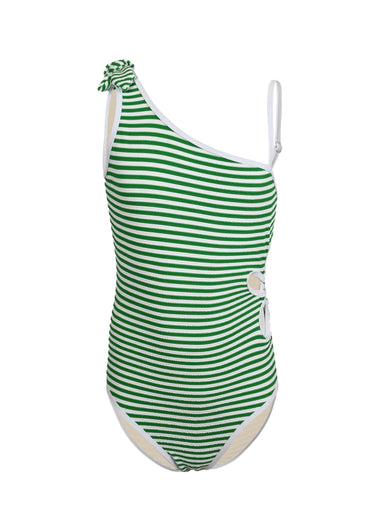 Green Stripe Girls Ribbed Daisy Cut Out One Piece Swimsuit