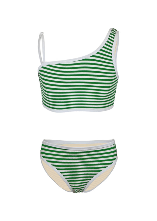 Green Stripe Girls Ribbed One Shoulder Two Piece Swimsuit