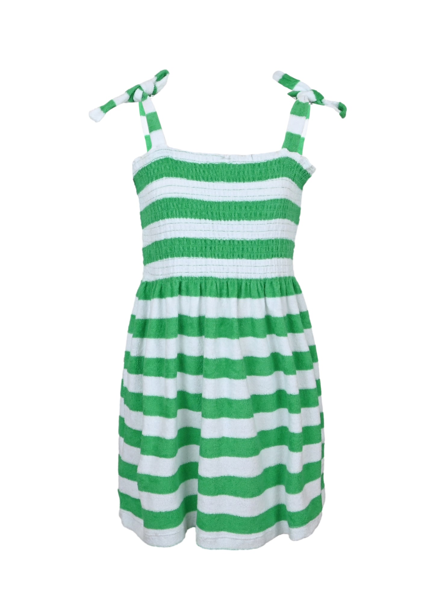 Load image into Gallery viewer, Green Stripe Girls Terry Smocked Tie Top Dress
