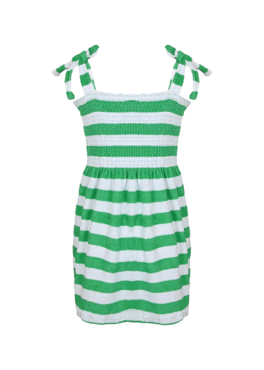 Green Stripe Girls Terry Smocked Tie Top Dress