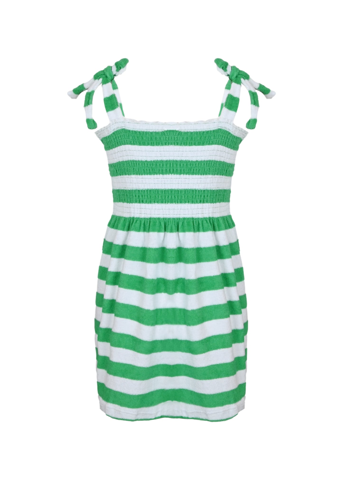 Load image into Gallery viewer, Green Stripe Girls Terry Smocked Tie Top Dress
