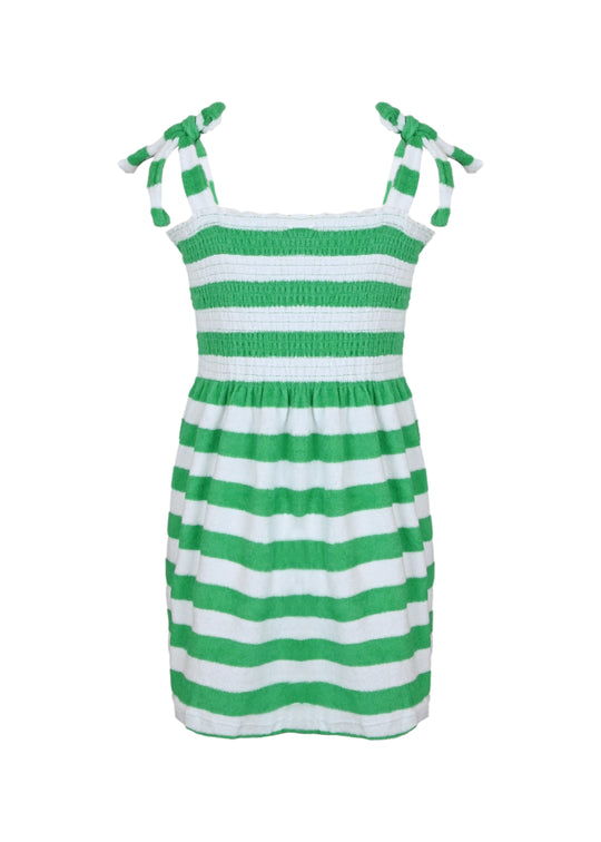 Load image into Gallery viewer, Green Stripe Girls Terry Smocked Tie Top Dress
