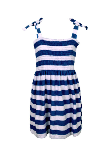 Navy Stripe Girls Terry Smocked Tie Top Dress