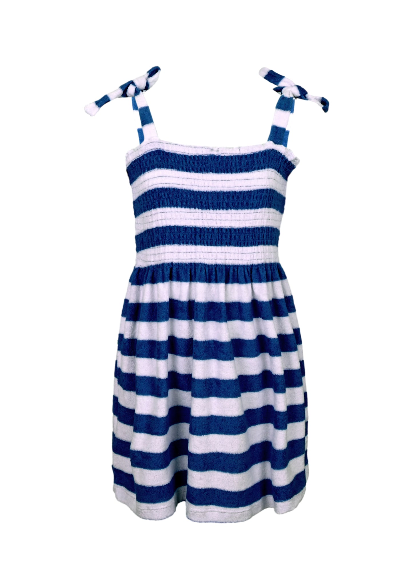 Load image into Gallery viewer, Navy Stripe Girls Terry Smocked Tie Top Dress
