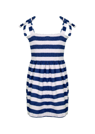 Navy Stripe Girls Terry Smocked Tie Top Dress