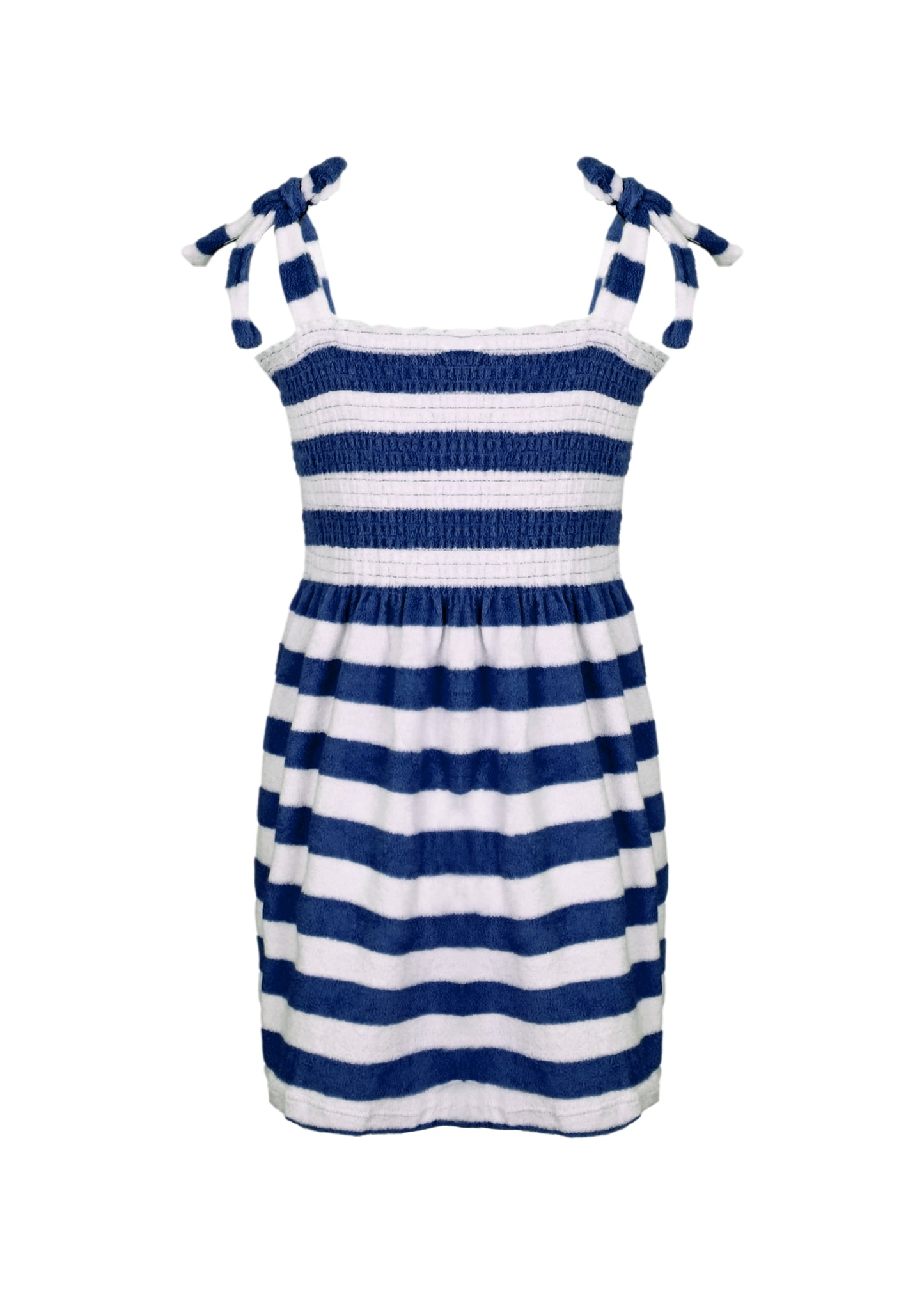 Load image into Gallery viewer, Navy Stripe Girls Terry Smocked Tie Top Dress
