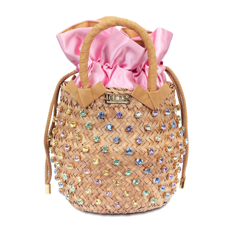 Straw Basket Bag with Pink/Biscotti Interior