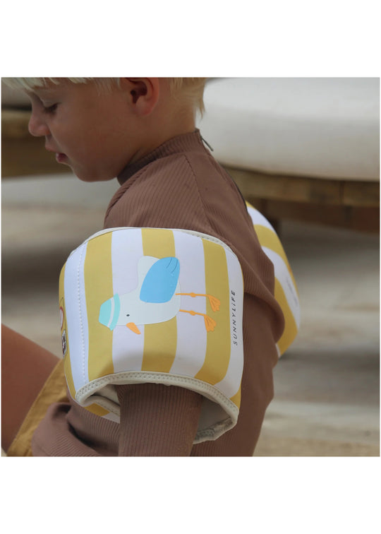 Load image into Gallery viewer, Kids Neoprene Arm Bands Sid the Seagull Mustard Stripe - Arm Band

